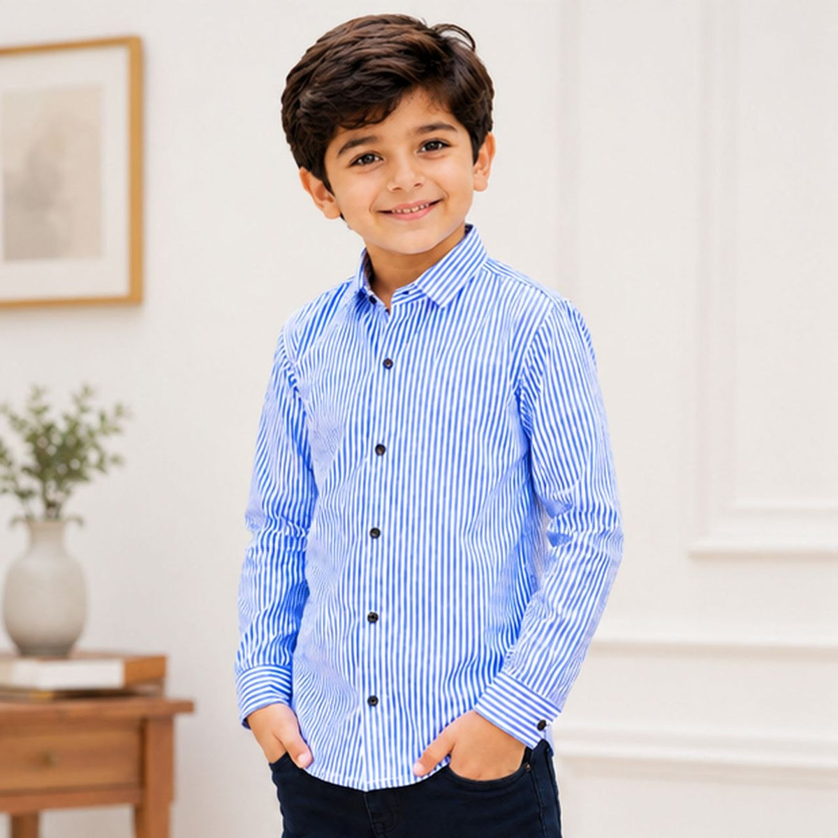 Boys Blue & White Vertical Striped Full Sleeve Casual Shirt