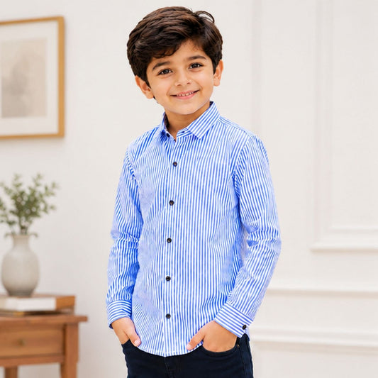 Boys Blue & White Vertical Striped Full Sleeve Casual Shirt