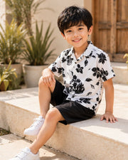 Boys White & Black Floral Printed Half Sleeve Shirt | Stylish Casual Summer Wear for Kids