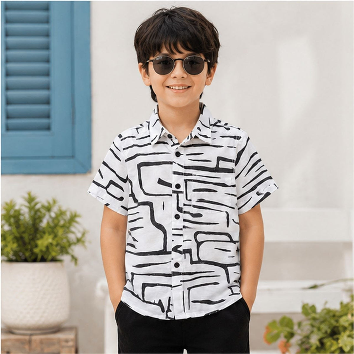 Little Trends Boys Abstract Printed Half Sleeve Casual Shirt | White & Black Stylish Shirt