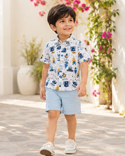 Boys White Printed Half Sleeve Shirt | Cute Robot & Space Theme Casual Shirt for Kids