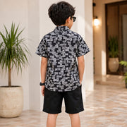 Boys Black & Grey Abstract Print Half Sleeve Casual Shirt