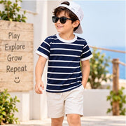 Boys Navy Blue Striped T-Shirt – Stylish Casual Half Sleeve T-Shirt