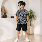 Boys Black & Grey Abstract Print Half Sleeve Casual Shirt
