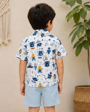 Boys White Printed Half Sleeve Shirt | Cute Robot & Space Theme Casual Shirt for Kids