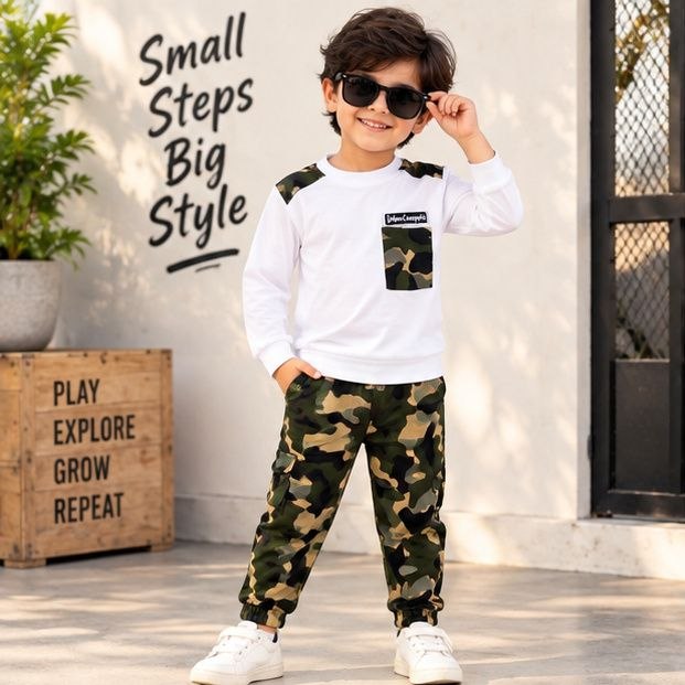 Kids White Full Sleeve T-Shirt with Camouflage Jogger Set