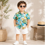 Boys Blue & Green Tropical Floral Print Half Sleeve Shirt