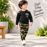 Kids Black Full Sleeve T-Shirt with Green Camouflage Jogger Set