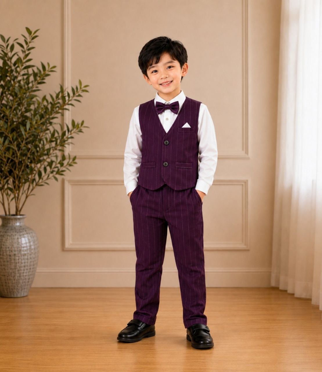 Boys Purple Pinstripe Formal Waistcoat & Trouser Set