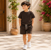 Boys Solid Brown Co-Ord Set | Half Sleeve T-Shirt with Pocket & Matching Shorts