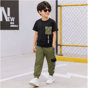Boys Black T-Shirt & Olive Green Jogger Pants Set | Stylish Casual Co-Ord Outfit
