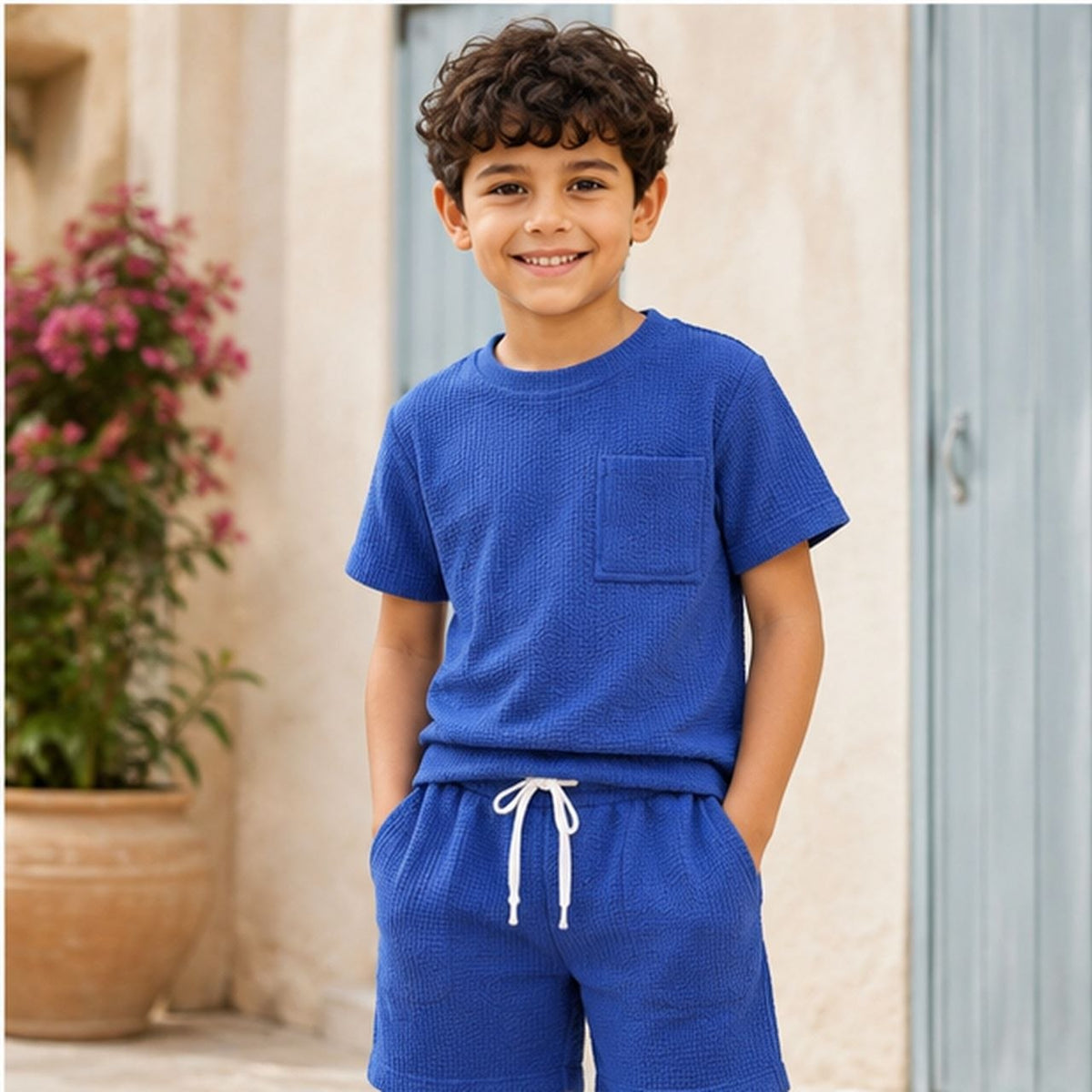 Boys Solid Blue Co-Ord Set | Half Sleeve T-Shirt with Pocket & Matching Shorts
