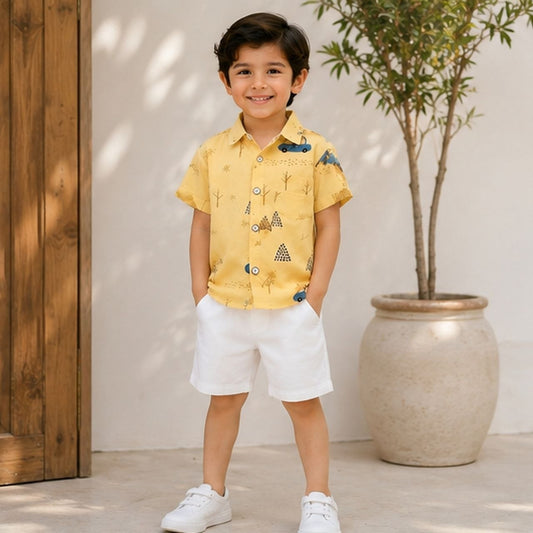 Boys Yellow Car Print Half Sleeve Casual Shirt