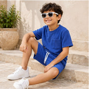 Boys Solid Blue Co-Ord Set | Half Sleeve T-Shirt with Pocket & Matching Shorts