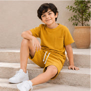 Boys Solid Yellow Co-Ord Set | Half Sleeve T-Shirt with Pocket & Matching Shorts