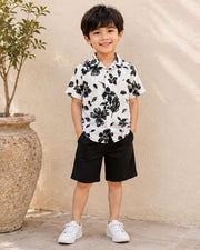 Boys White & Black Floral Printed Half Sleeve Shirt | Stylish Casual Summer Wear for Kids