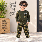 Kids Olive Green Full Sleeve T-Shirt with Camouflage Jogger Set