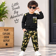 Kids Black Full Sleeve T-Shirt with Green Camouflage Jogger Set