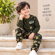 Kids Olive Green Full Sleeve T-Shirt with Camouflage Jogger Set