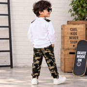 Kids White Full Sleeve T-Shirt with Camouflage Jogger Set