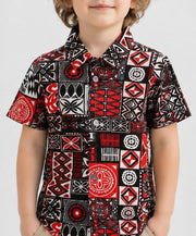 Boys Red & Black Geometric Print Half Sleeve Shirt