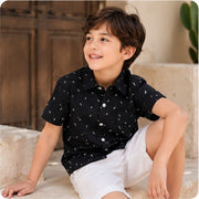 Boys Black Mini Print Half Sleeve Casual Shirt