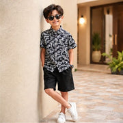 Boys Black & Grey Abstract Print Half Sleeve Casual Shirt