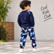 Kids Navy Blue Full Sleeve T-Shirt with Blue Camouflage Jogger Set