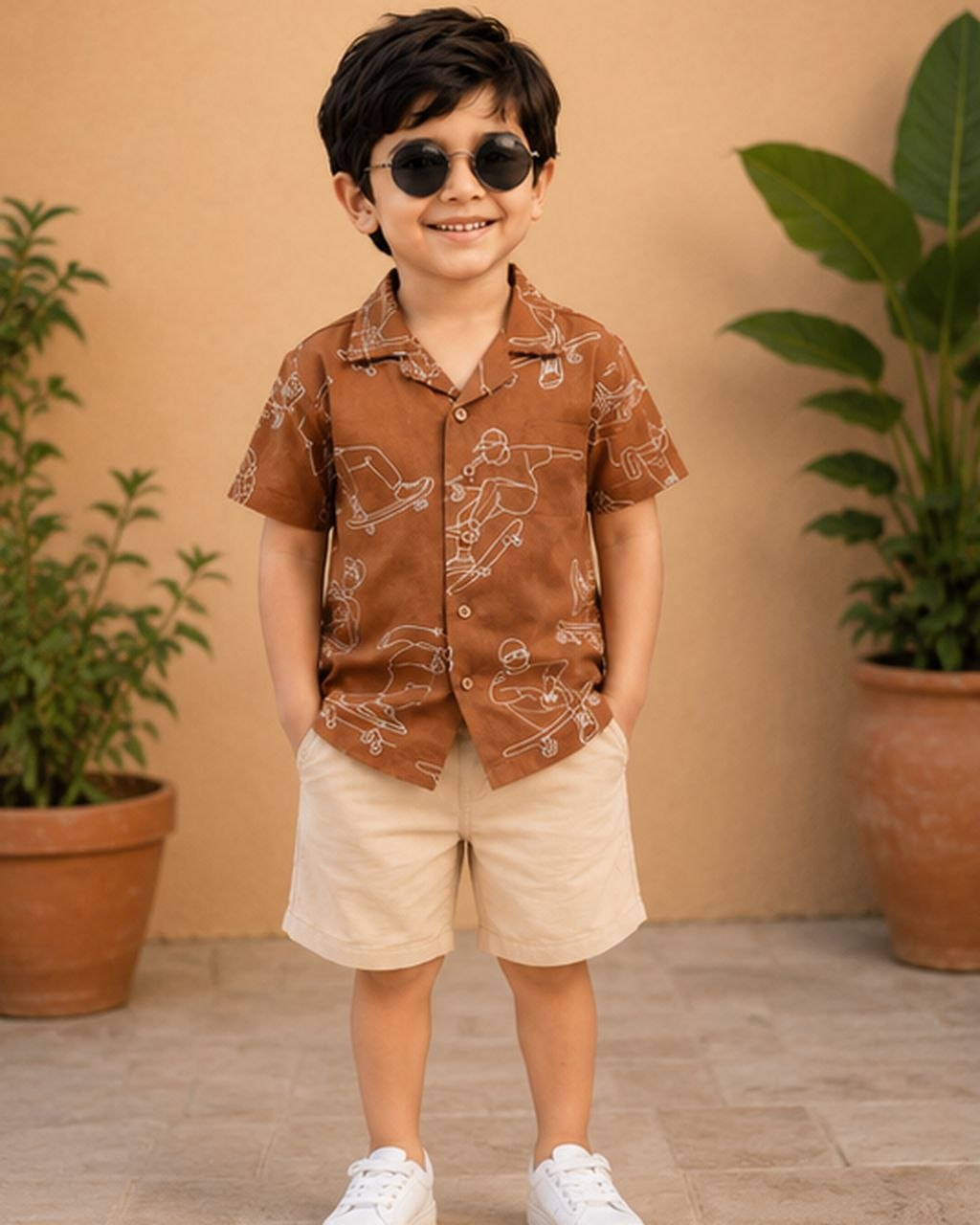 Boys Brown Printed Half Sleeve Shirt | Stylish Casual Summer Shirt for Kids