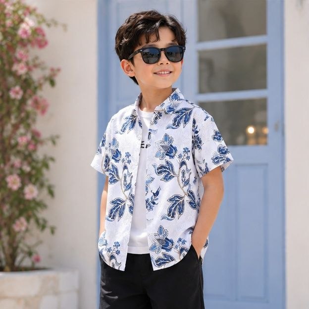 Boys White & Blue Floral Print Half Sleeve Casual Shirt