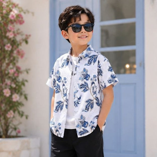 Boys White & Blue Floral Print Half Sleeve Casual Shirt
