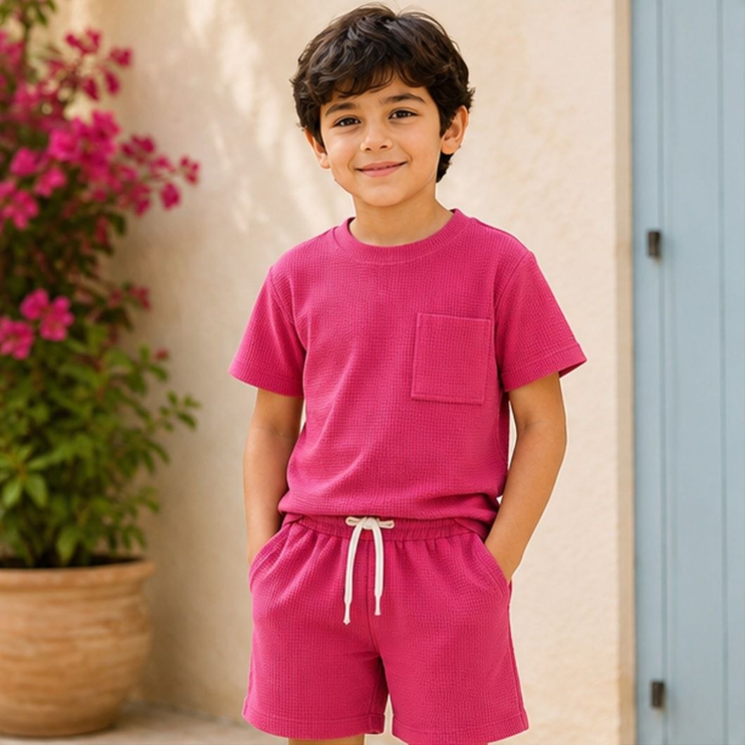 Boys Solid Pink Co-Ord Set | Half Sleeve T-Shirt with Pocket & Matching Shorts