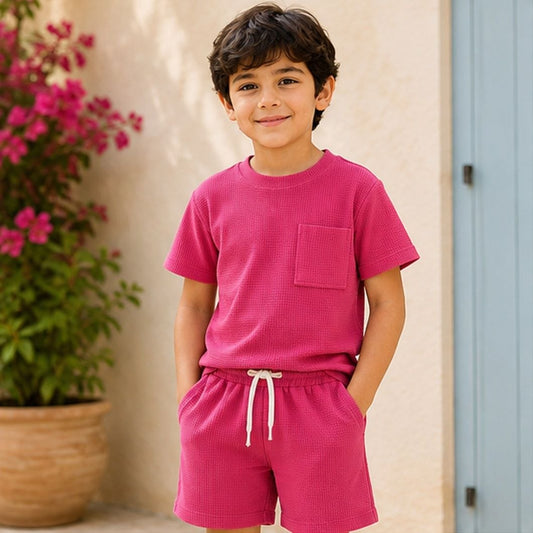 Boys Solid Pink Co-Ord Set | Half Sleeve T-Shirt with Pocket & Matching Shorts