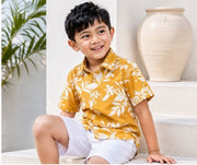Boys Mustard Yellow Floral Print Half Sleeve Shirt