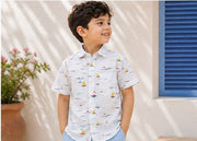 Boys White Mini Sailboat Print Half Sleeve Casual Shirt