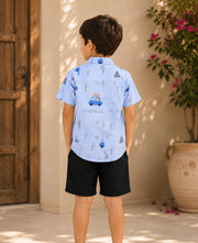 Boys Light Blue Printed Half Sleeve Cotton Shirt | Stylish Casual Summer Wear for Kids