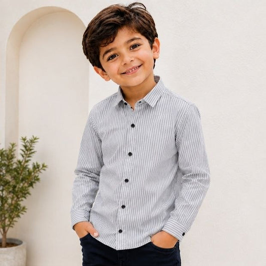 Boys Grey & White Vertical Striped Full Sleeve Casual Shirt