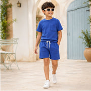 Boys Solid Blue Co-Ord Set | Half Sleeve T-Shirt with Pocket & Matching Shorts