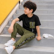 Boys Black T-Shirt & Olive Green Jogger Pants Set | Stylish Casual Co-Ord Outfit