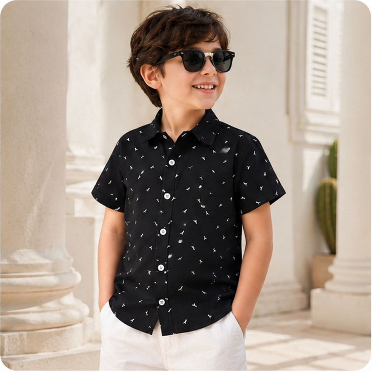Boys Black Mini Print Half Sleeve Casual Shirt