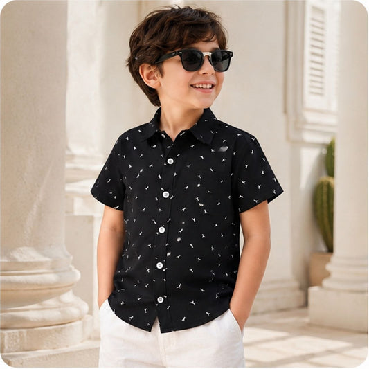 Boys Black Mini Print Half Sleeve Casual Shirt