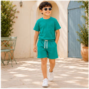 Boys Solid Teal Green Co-Ord Set | Half Sleeve T-Shirt with Pocket & Matching Shorts