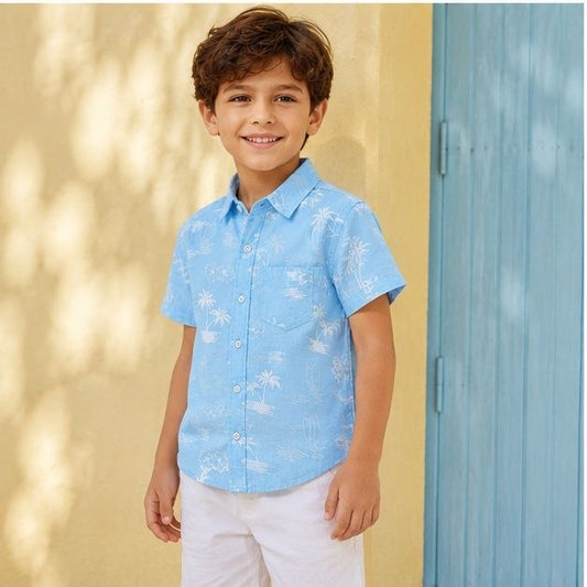 Boys Sky Blue Tropical Print Half Sleeve Shirt
