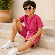 Boys Solid Pink Co-Ord Set | Half Sleeve T-Shirt with Pocket & Matching Shorts