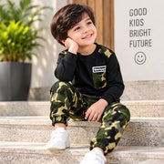 Kids Black Full Sleeve T-Shirt with Green Camouflage Jogger Set