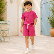 Boys Solid Pink Co-Ord Set | Half Sleeve T-Shirt with Pocket & Matching Shorts