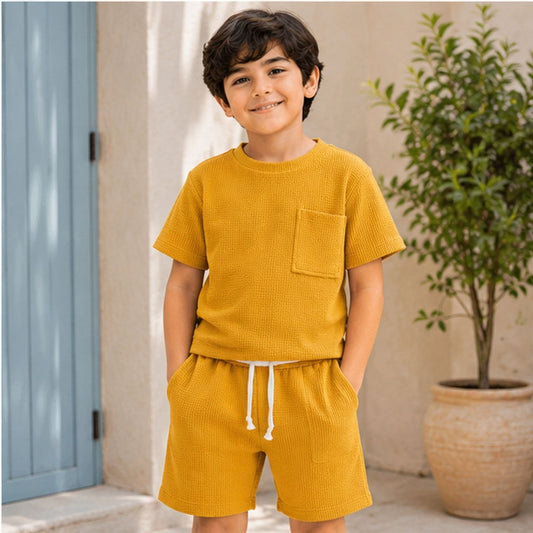 Boys Solid Yellow Co-Ord Set | Half Sleeve T-Shirt with Pocket & Matching Shorts