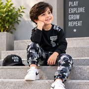 Kids Black Full Sleeve T-Shirt with Grey Camouflage Jogger Set