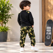 Kids Black Full Sleeve T-Shirt with Green Camouflage Jogger Set