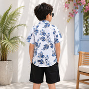 Boys White & Blue Floral Print Half Sleeve Casual Shirt